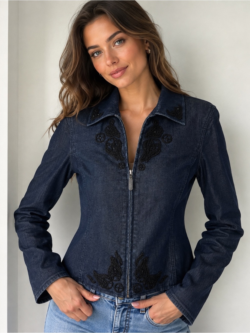 Dana Buchman Dark Indigo Denim Jacket with Black Beadwork zip front size 8